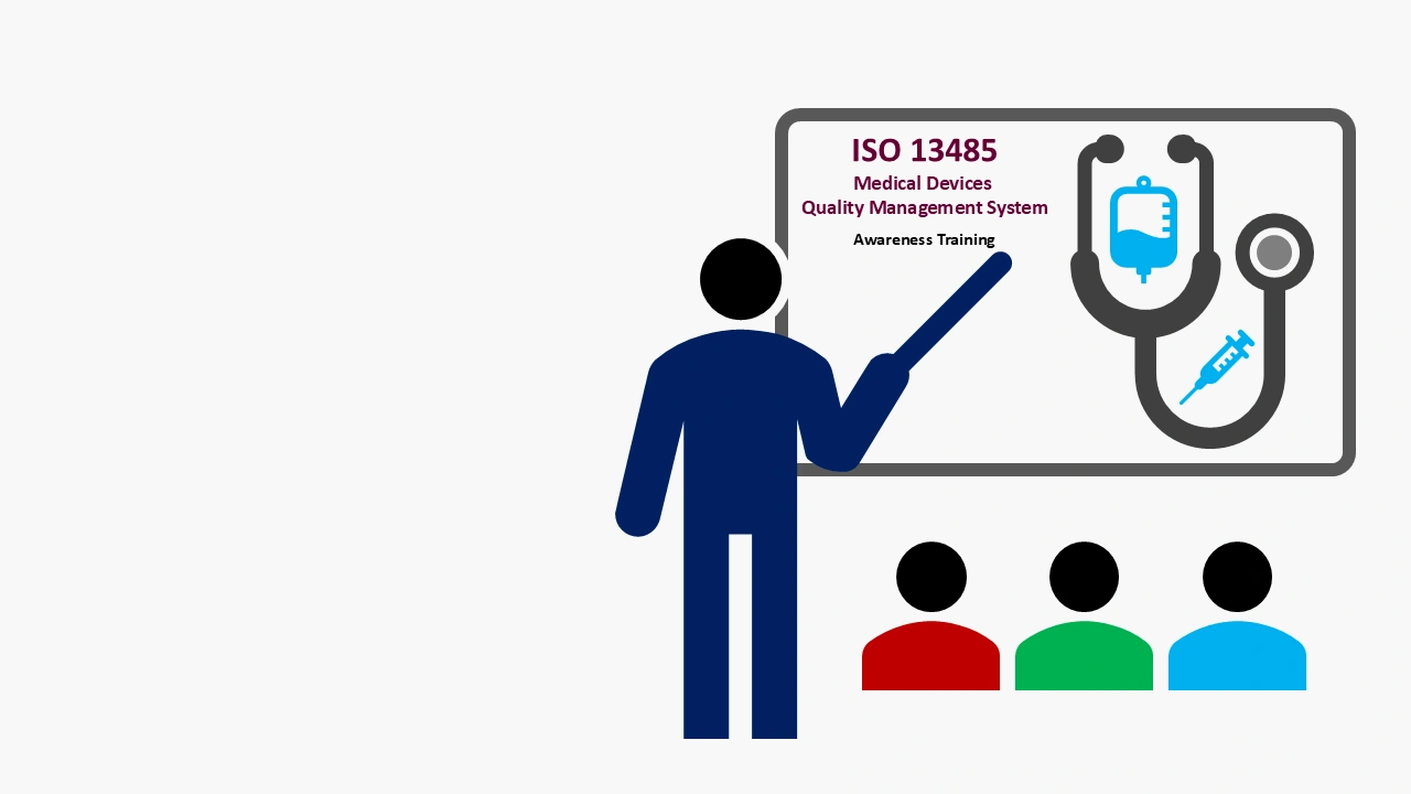 Instructor delivering iso 13485 awareness training medical devices quality management system, displaying a grey stethoscope, blue iv bag and a blue syringe.