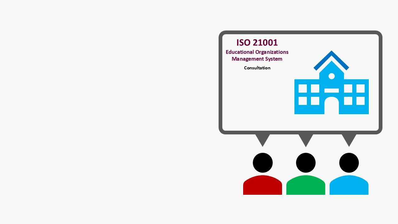 Team engaged in iso 21001 consultation on educational organizations management system, displaying a blue color educational institute.