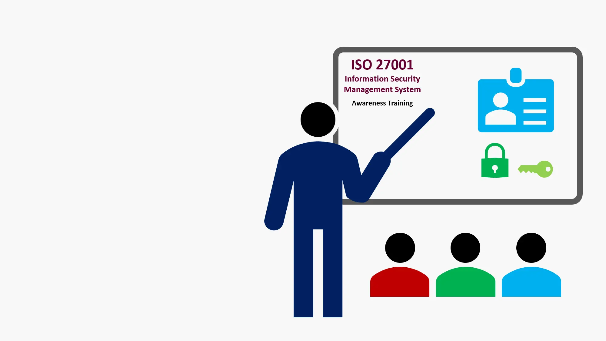 Instructor delivering iso 27001 awareness training on information security management system, displaying a blue color access card, a green color set of lock and key.