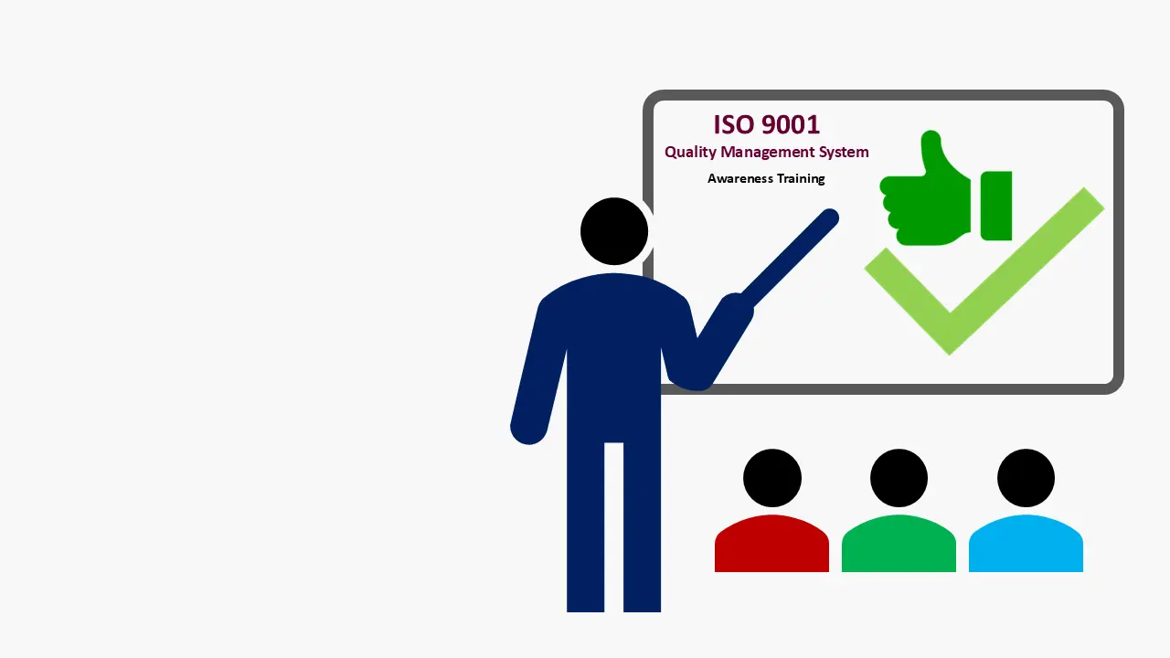 Instructor delivering iso 9001 awareness training on quality management system, displaying a green thumbs up and green check mark representing approval.