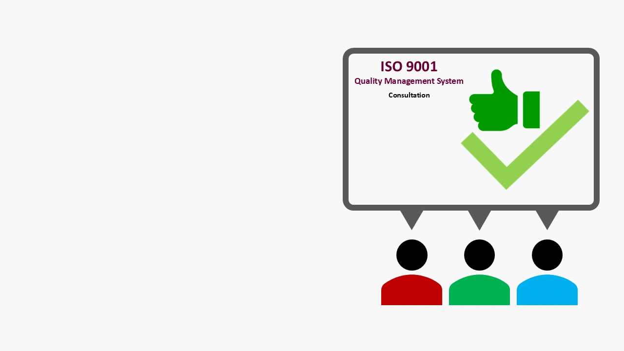 Team engaged in iso 9001 consultation on quality management system, displaying a green thumbs up and green check mark representing approval.