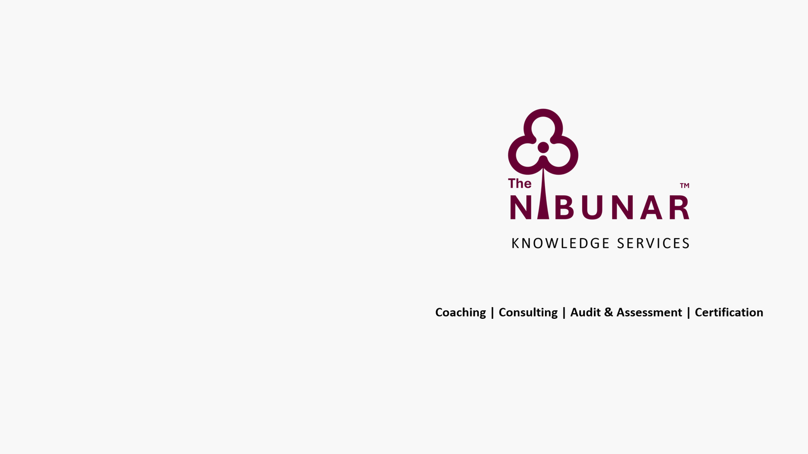 Logo of the nibunar with caption knowledge services with a list of its services such as coaching, consulting, audit and assessment and certification.