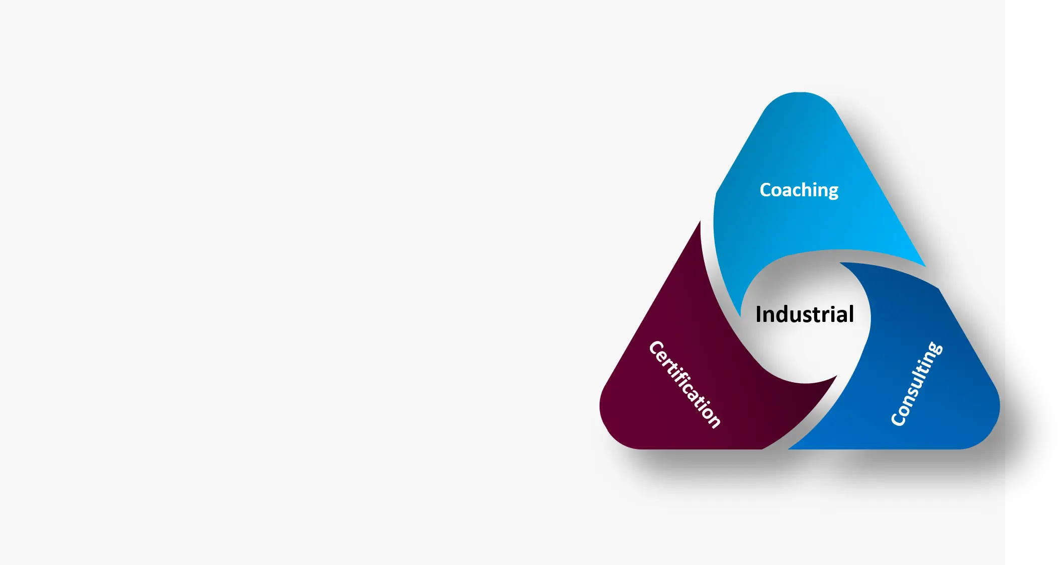 Three-part rotating triangle featuring the nibunar knowledge services: Industrial Coaching, Consulting, and Certification.