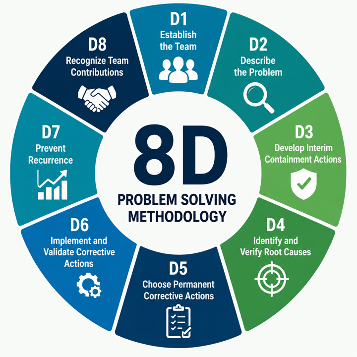 8D problem solving methodology infographic showing D1 to D8 steps for team formation, problem description, containment, root cause analysis, corrective action, implementation, recurrence prevention, and team recognition.